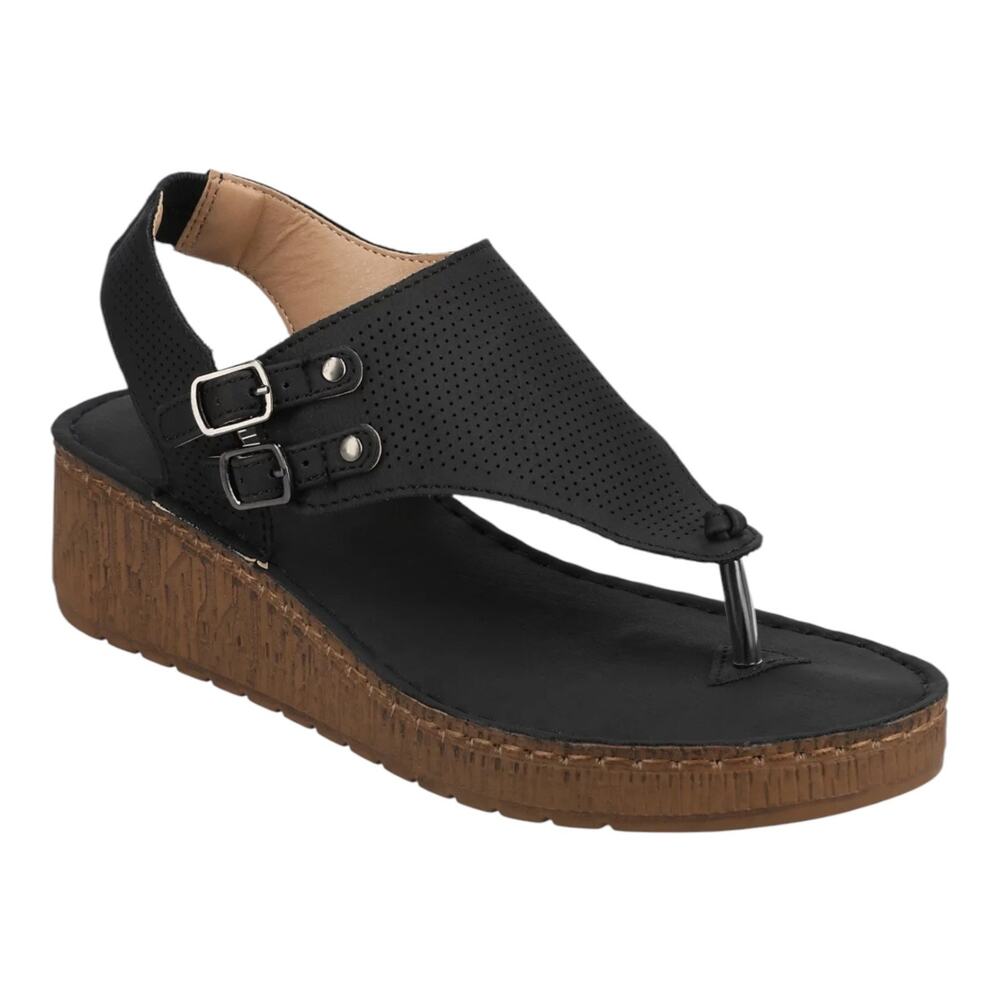 Journee Women's Mckell Wedge Heel Thong Sandals Black Size 11